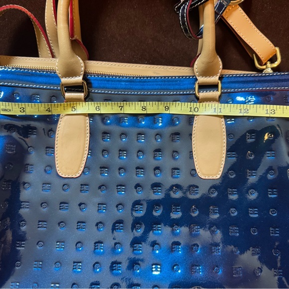 ARCADIA PATENT LEATHER LARGE SATCHEL HANDBAG PURSE - Navy/Tan Trim - Picture 6 of 16